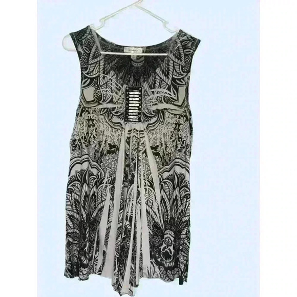 Dressbarn top tunic size L scoop neck sleeveless sequins black white beachy - Picture 1 of 7